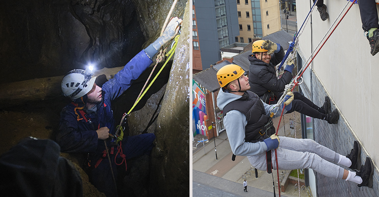 Jack descends a shaft in an abandoned mine/cave system