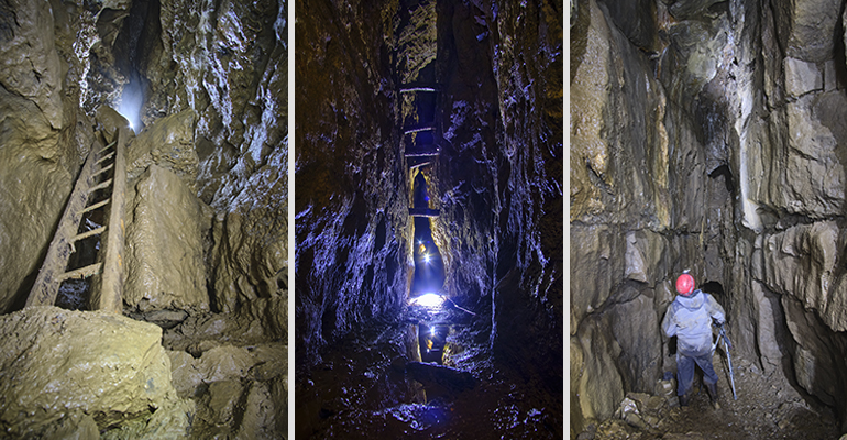 A ladder leads to a new level / A huge gash where minerals have been extracted / Some spaces are not small